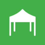 White vector graphic of an event tent on a green background. 